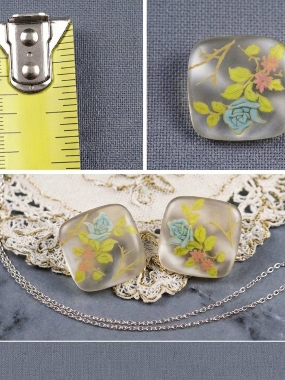 Vintage Frosted Square Stud Earrings Reverse Painted Blue Pink Rose Excellent